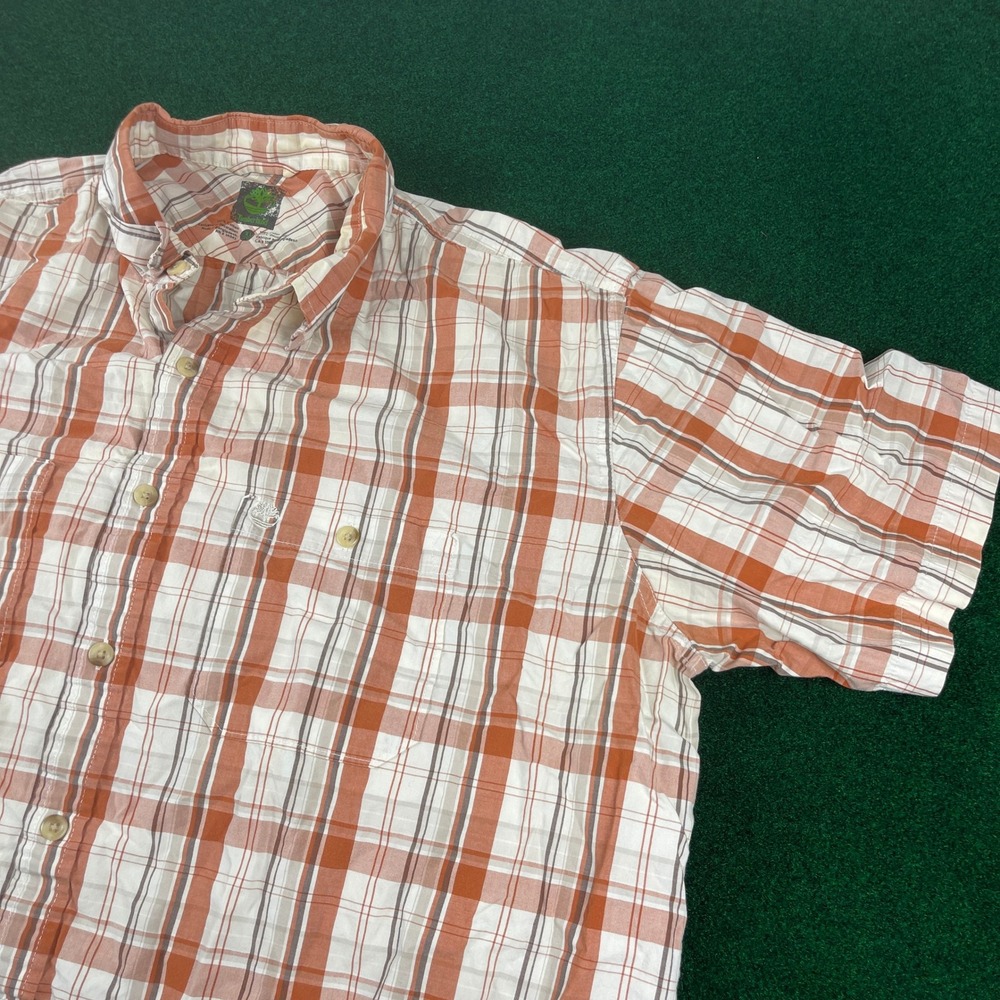 Timberland‎ Plaid Short Sleeve Button Down Shirt Men's XL Orange White Casual